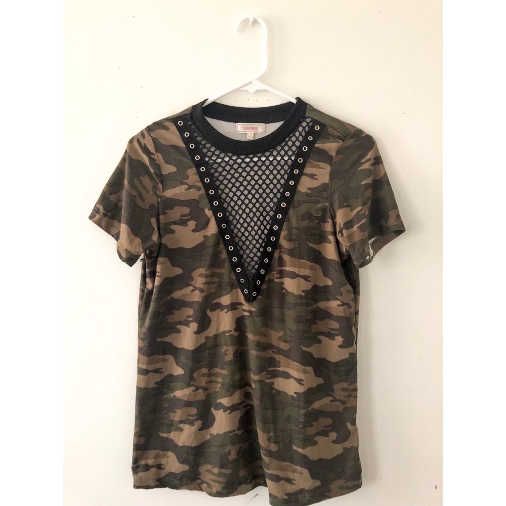 Camouflage Deep Mesh V Neck Top